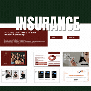 An insurance company's presentation slide with the title 'INSURANCE,' a photo of a diverse group of people, various charts and graphs, and a promotional section for business building in 2024. Track policy renewal rates and customer acquisition costs,