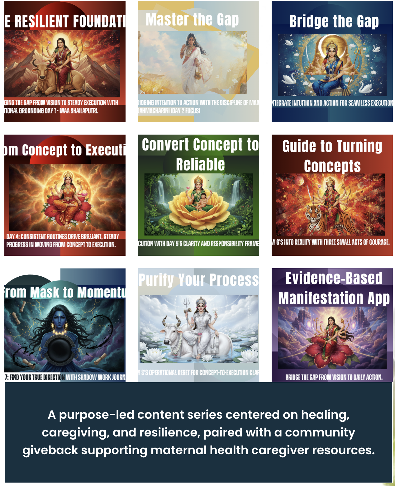 A grid of nine colorful posters, each with spiritual or motivational themes. The posters feature images of deities, women in traditional attire, and nature scenes, with titles like 'Resilient Foundation,' 'Master the Gap,' 'Bridge the Gap,' 'Transform Concept to Execution,' 'Convert Concept to Reliable,' 'Guide to Turning Concepts,' 'From Mask to Moment,' 'Purify Your Process,' and 'Evidence-Based Manifestation App.' The bottom section contains a blue background with white text about a purpose-led content series on healing, caregiving, and resilience supporting maternal health caregiver resources.