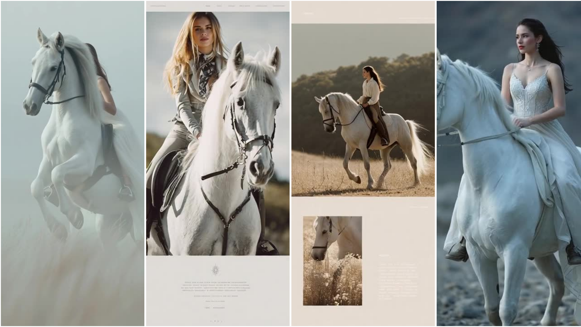 Four images of women riding white horses in outdoor settings, with varying backgrounds including foggy fields and open landscapes, some featuring women dressed in white or elegant clothing.