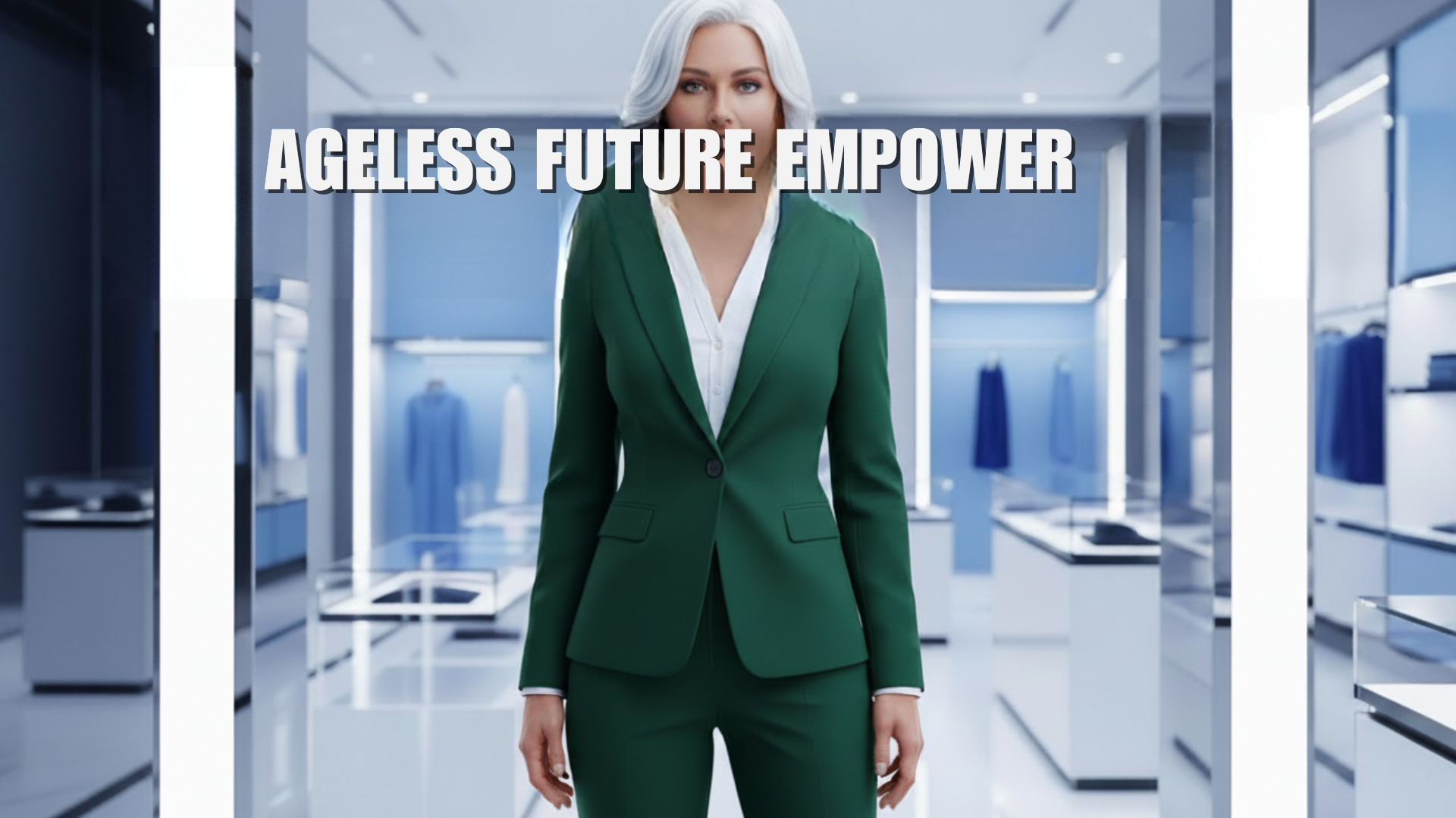 A woman with silver hair wearing a green business suit standing in a modern retail store or showroom with blue clothing displays in the background. Text overlay reads 'AGELESS FUTURE EMPOWER'.
