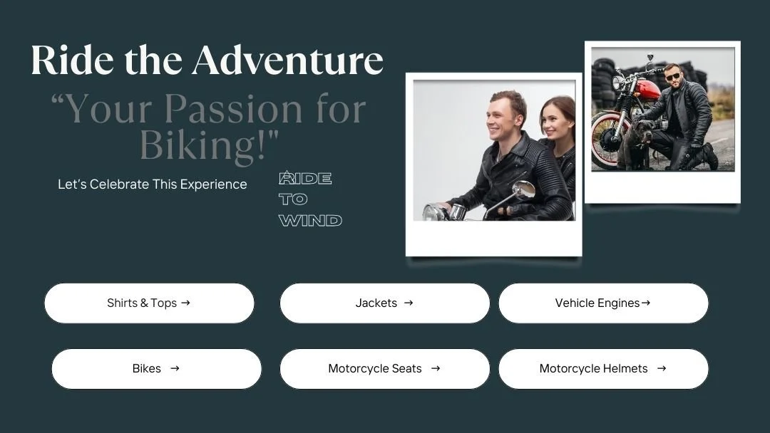 Motorcycle-themed advertisement with images of bikers, promotional text, and shopping categories including shirts, jackets, vehicle engines, bikes, motorcycle seats, and helmets.