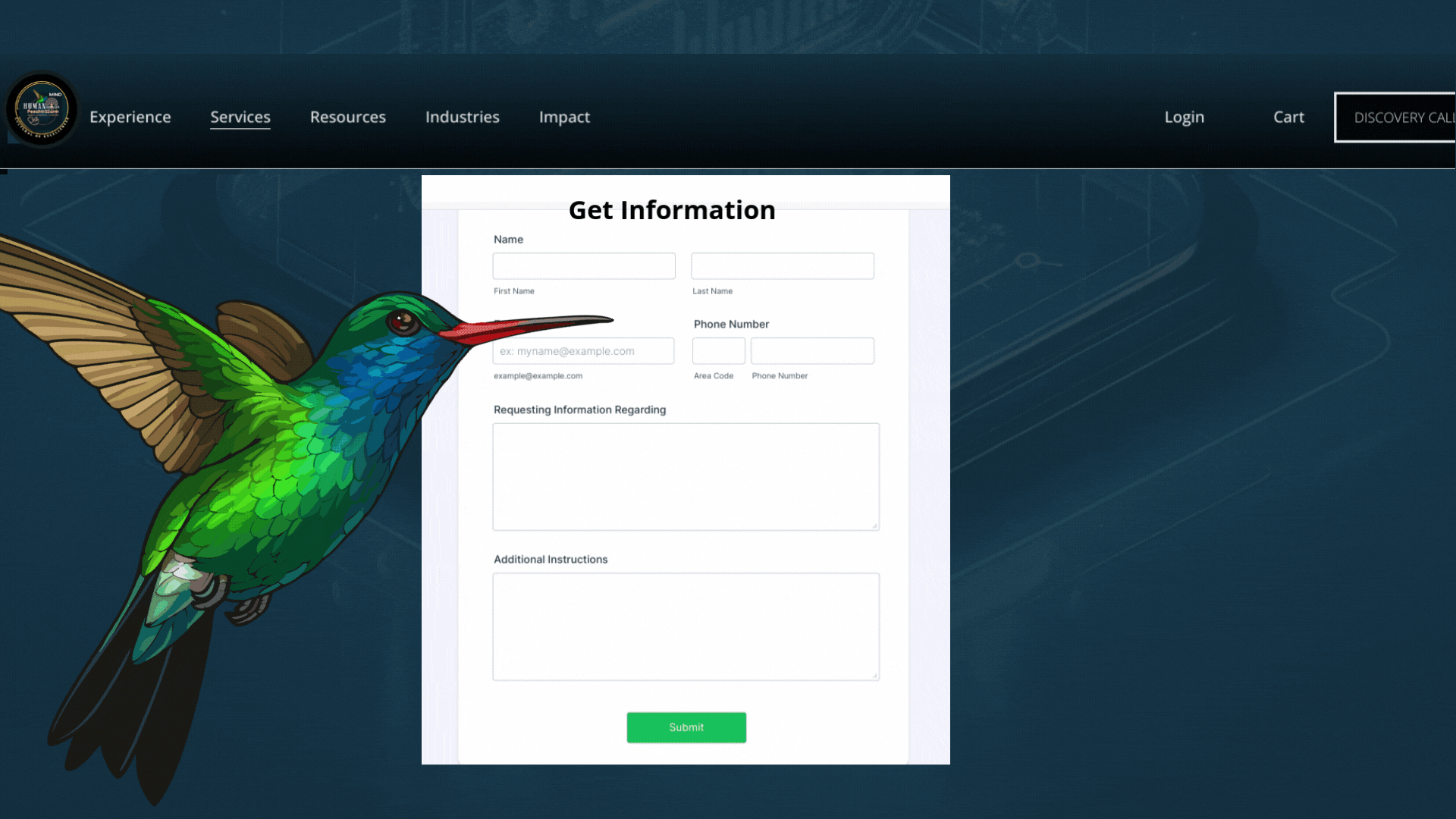 A colorful illustration of a hummingbird with green, blue, and brown feathers, positioned next to a white informational form on a website interface.