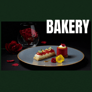 A plate with two decorated cakes, a glass with a red rose, and a red rose flower on a black background with the word 'BAKERY' Measure sales growth and customer repeat rate, focusing on product quality and expanding product lines to capture more marke