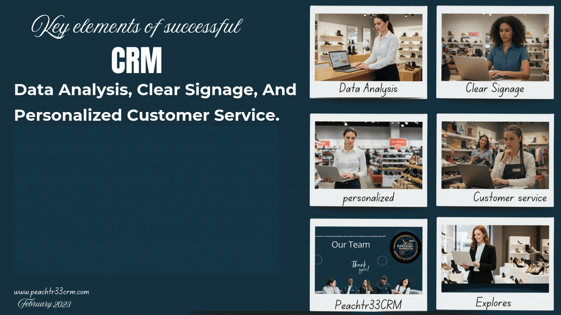 A presentation slide about CRM showcasing images of women using laptops in retail settings and a team photo, with text emphasizing data analysis, clear signage, personalized service, and customer service.