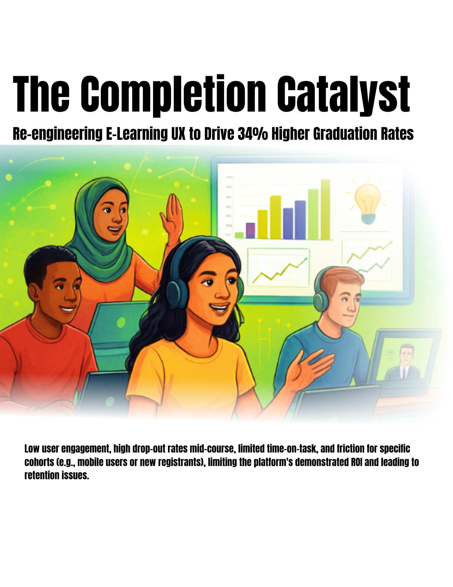 A digital illustration of diverse students in an e-learning environment, with a woman wearing a hijab and a headset, a woman with long dark hair wearing a yellow shirt, a man in a blue shirt with a headset, and a boy in a red shirt using laptops, with a chart and graphs displayed on a screen in the background.