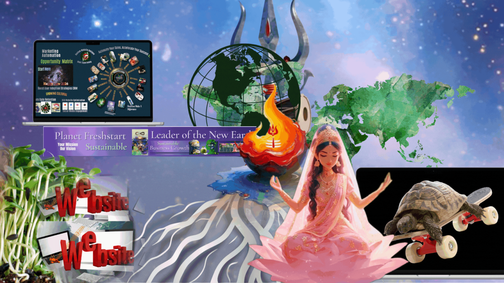 An artistic digital composition featuring a laptop screen with marketing content, a globe with a flame, a woman in traditional attire in a meditative pose, a turtle on a skateboard, a computer monitor, vibrant maps of the world, and oversized text reading 'We Website' amid plants and cosmic background.