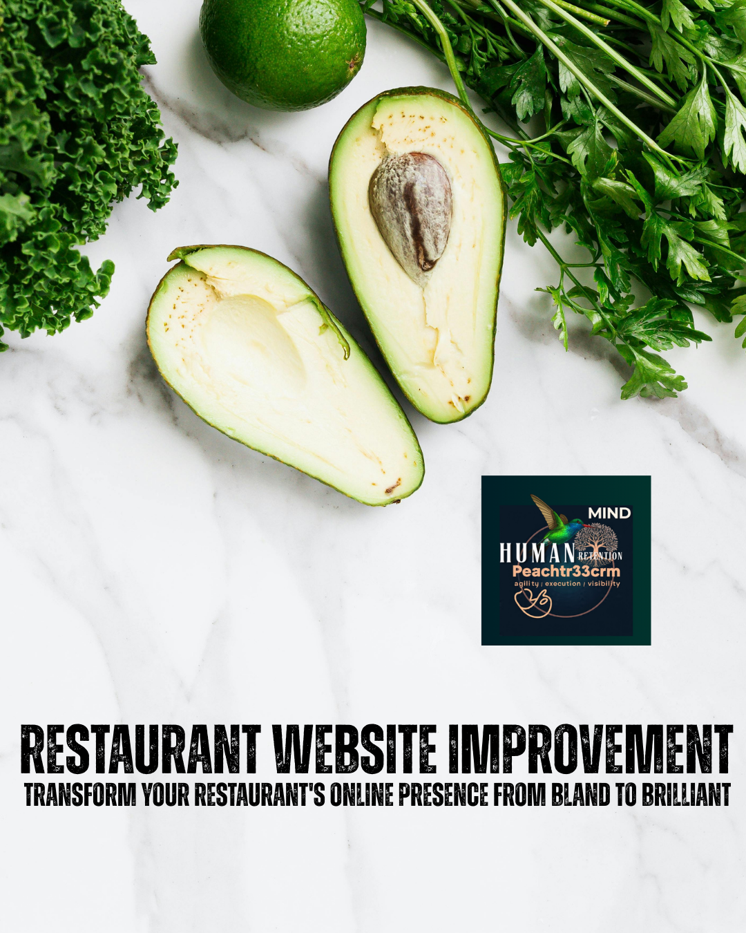Half an avocado on a white marble surface, with a whole lime and leafy greens around it, and a logo for Peachtr33cm in the bottom right corner, promoting restaurant website improvement.