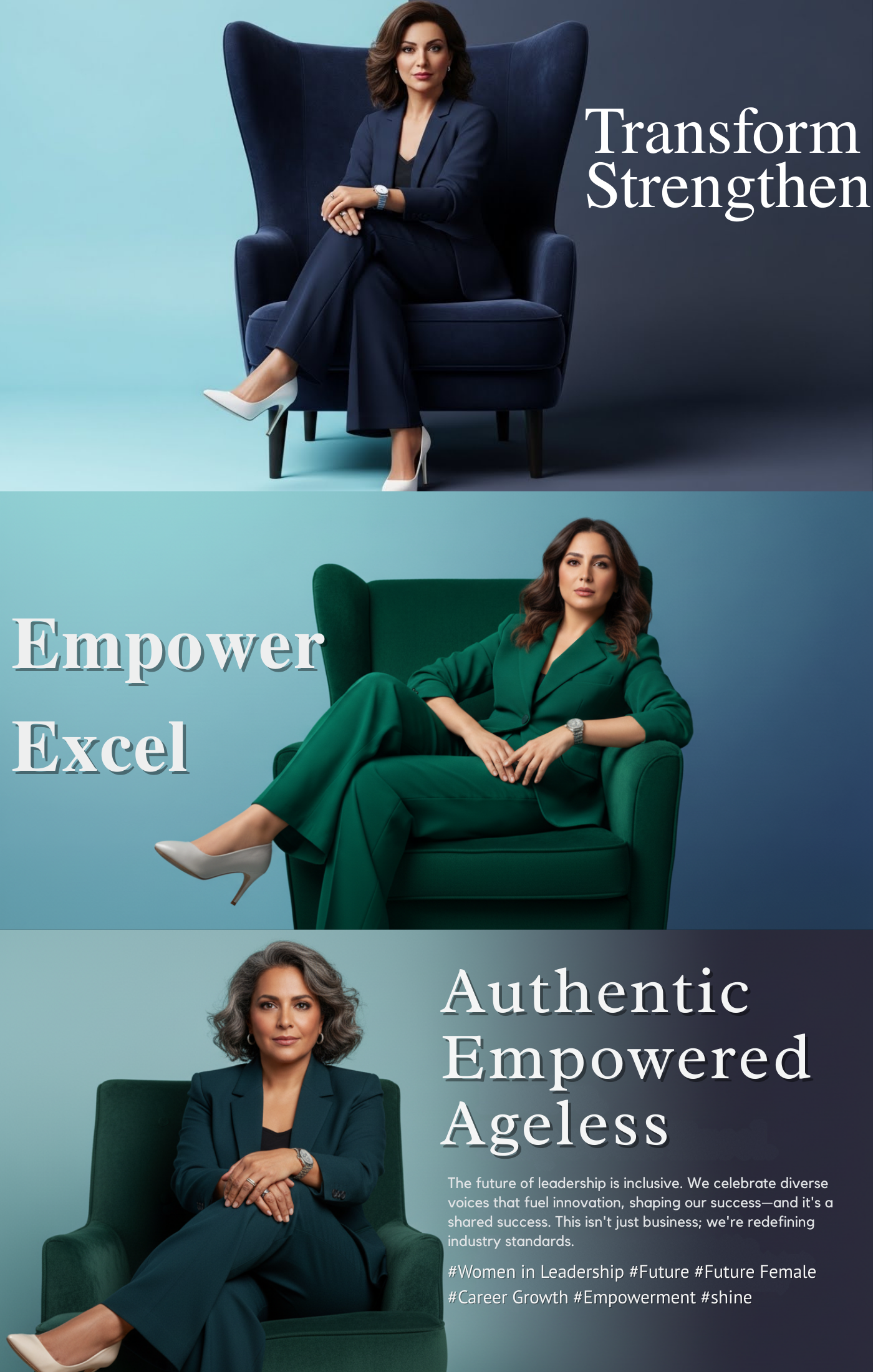 Three women sitting in different colored chairs with motivational phrases: 'Transform Strengthen,' 'Empower Excel,' and 'Authentic Empowered Ageless.'