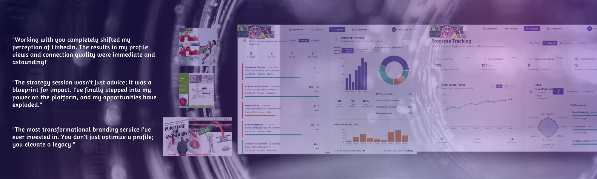 Digital dashboard with analytics charts and graphs, overlaid with testimonials about LinkedIn profile impact and branding services.