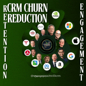 Group of fifteen men in suits with various tech company logos around them, promoting CRM churn reduction, attention, and engagement.