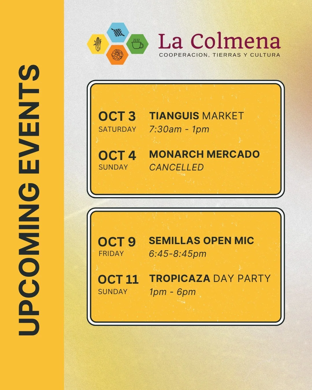 🎉October is here! Check out the upcoming events at La Colmena this month! Join us this coming Saturday for the first monthly Tianguis Market hosted by @salsa.santaana