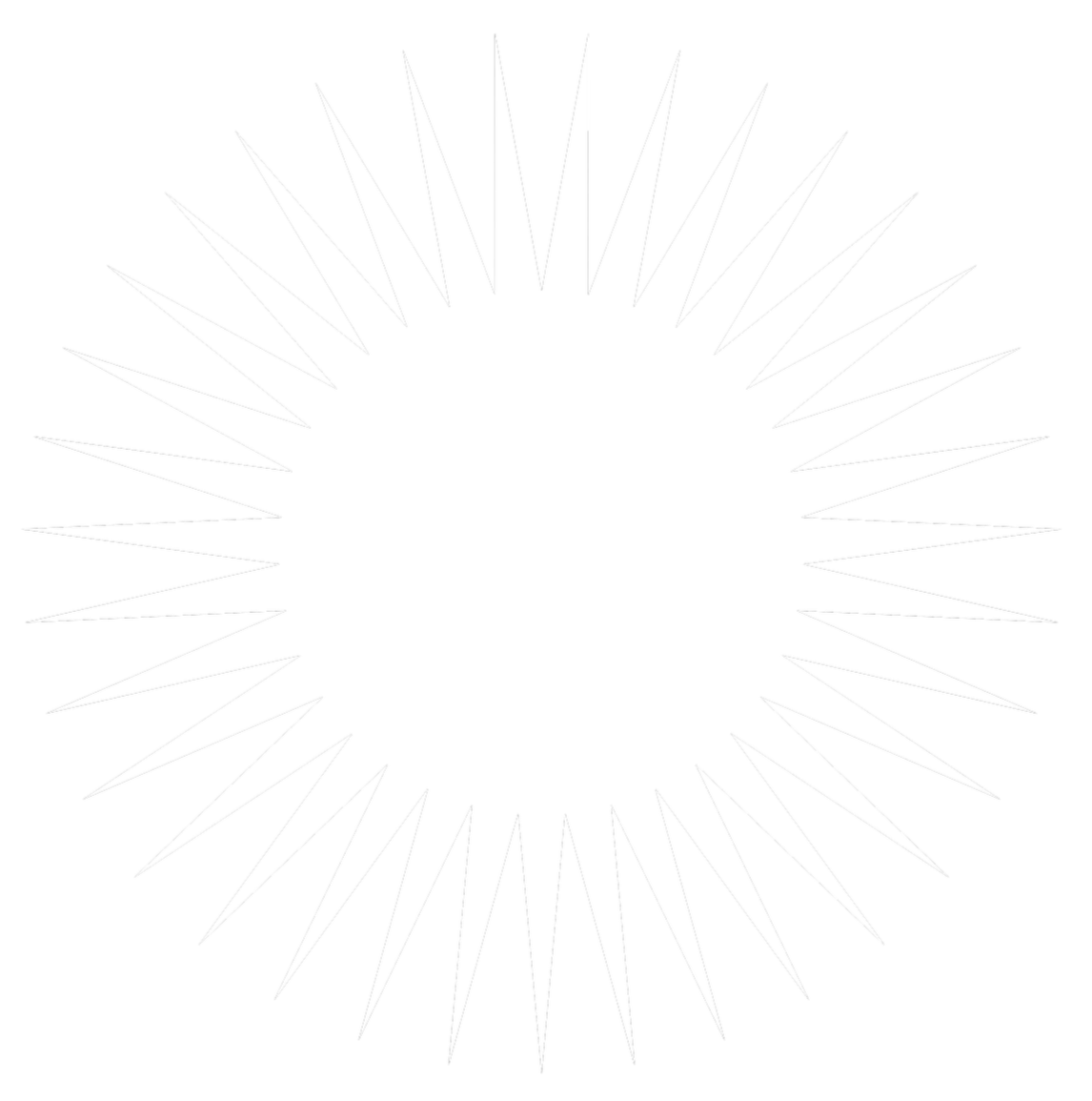 Schwarzer Hintergrund mit weißem Sonnen- oder Sternensymbol, das aus langen, spitzen Strahlen besteht.