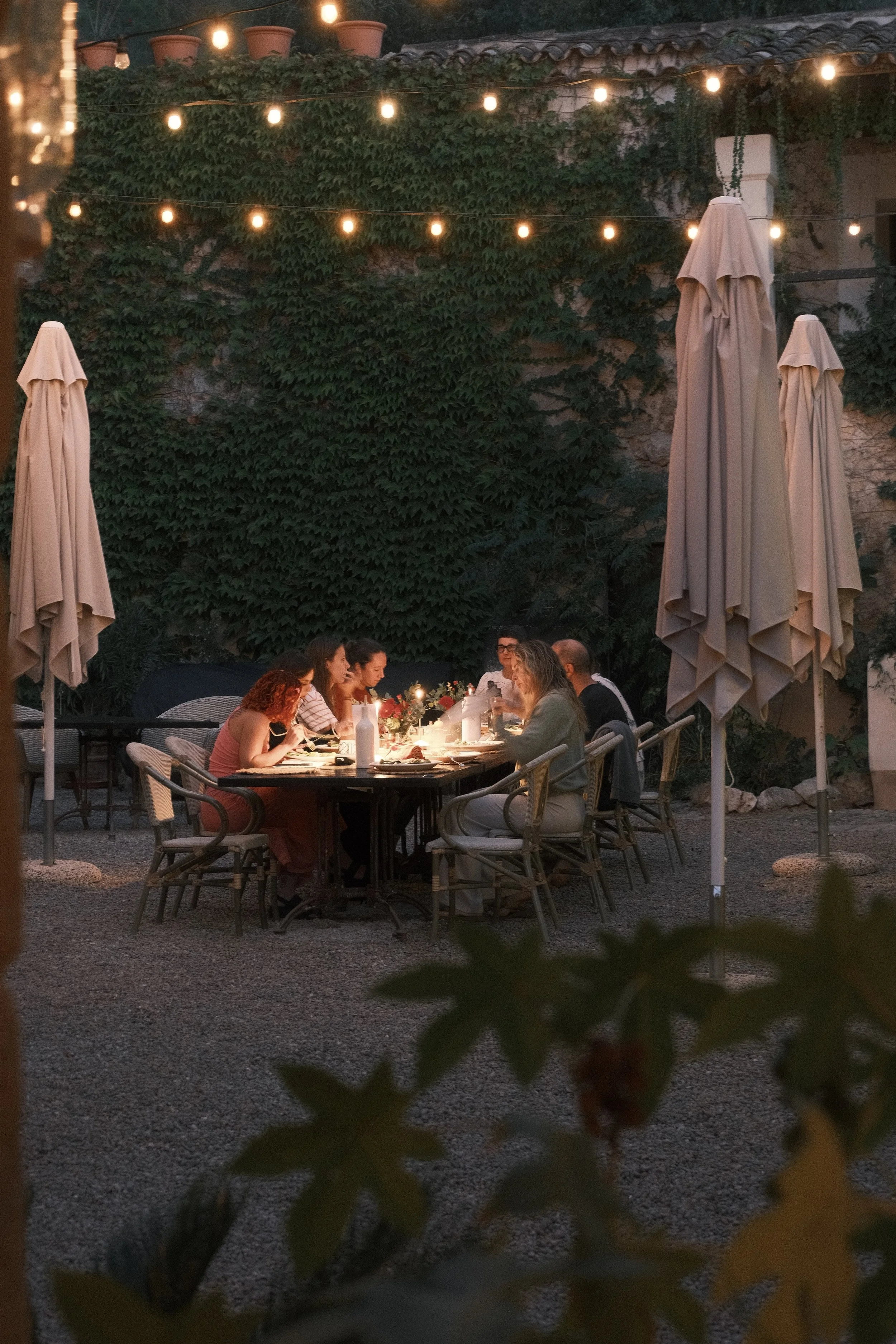 People dining outdoors at night under string lights on a patio with umbrella coverings, surrounded by a wall covered in green ivy.