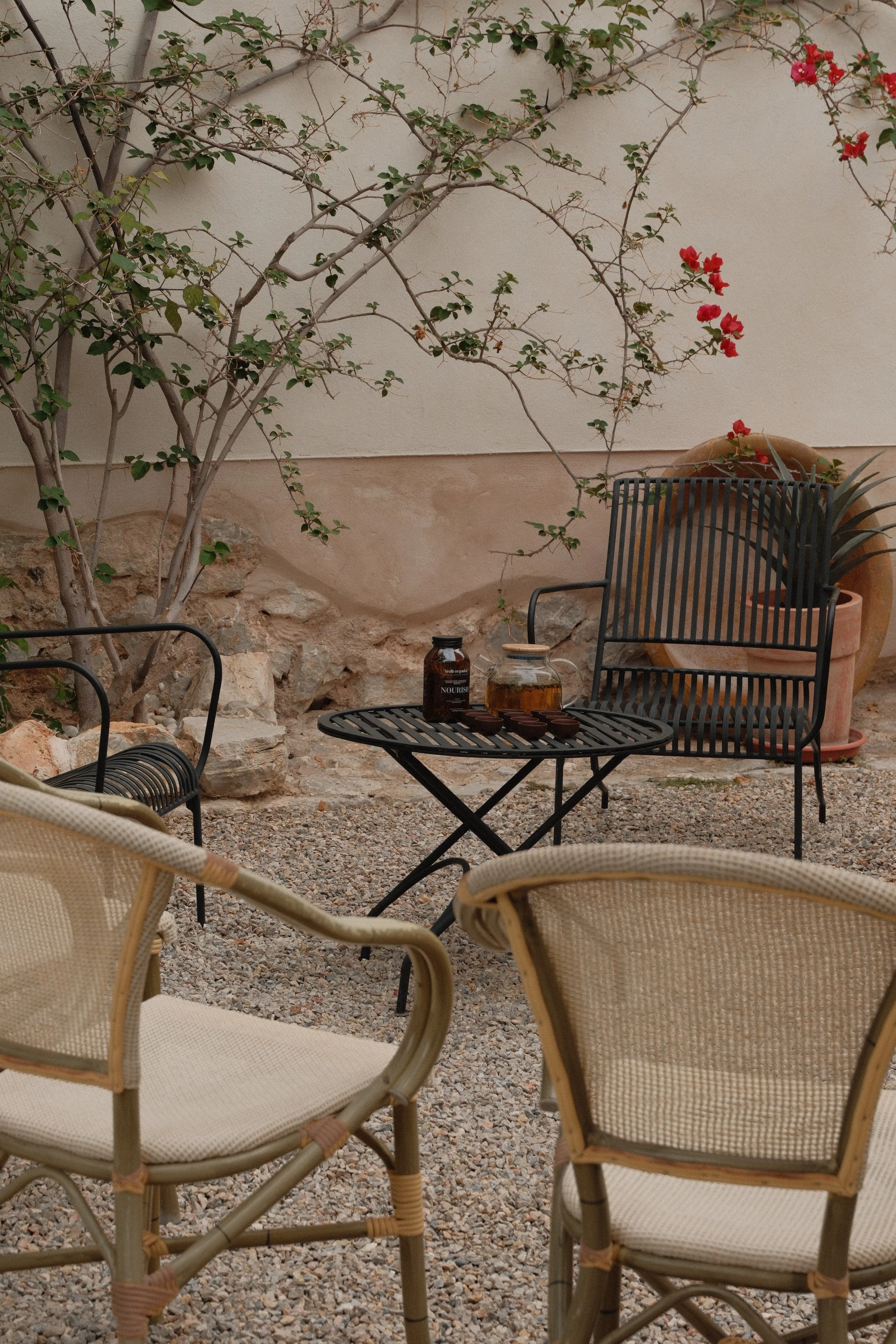 Outdoor patio scene with beige wicker chairs, a black metal table, and a potted plant with red flowers. A small jar and a bottle are on the table. Background features a white wall, a large tan clay pot, and a flowering vine with red blooms.