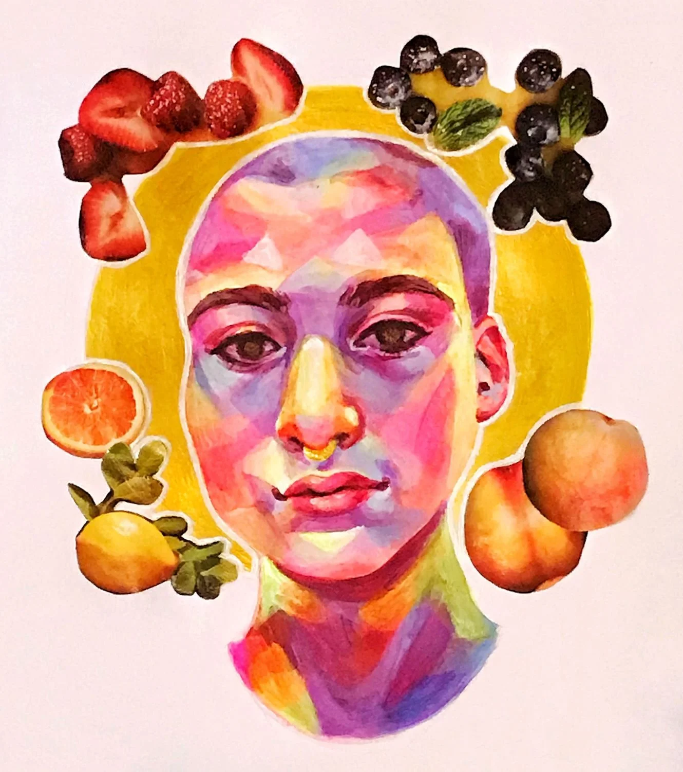 Self portrait with fluorescent acrylics and collage