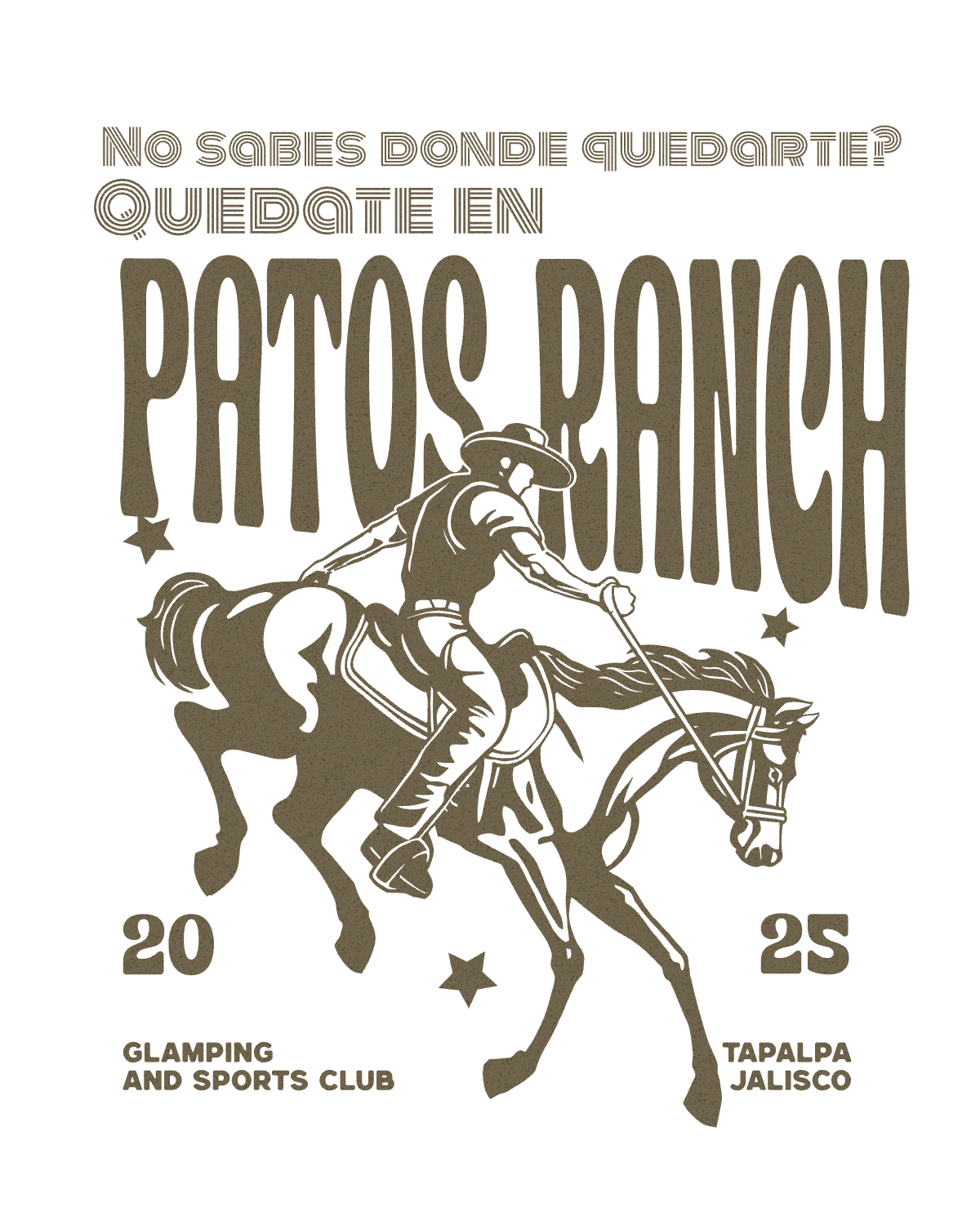 Cartel de un evento de horseback riding con un jinete en un caballo, letras grandes y un fondo de color beige y marrón.