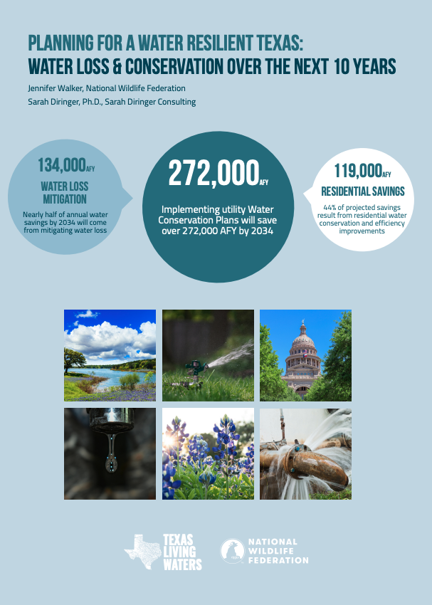 National Wildlife Federation & Texas Livings Waters report for non-profit advocacy and legislative audiences, entitled "Planning for a Water Resilient Texas: Water Loss & Conservation Over the Next 10 Years"