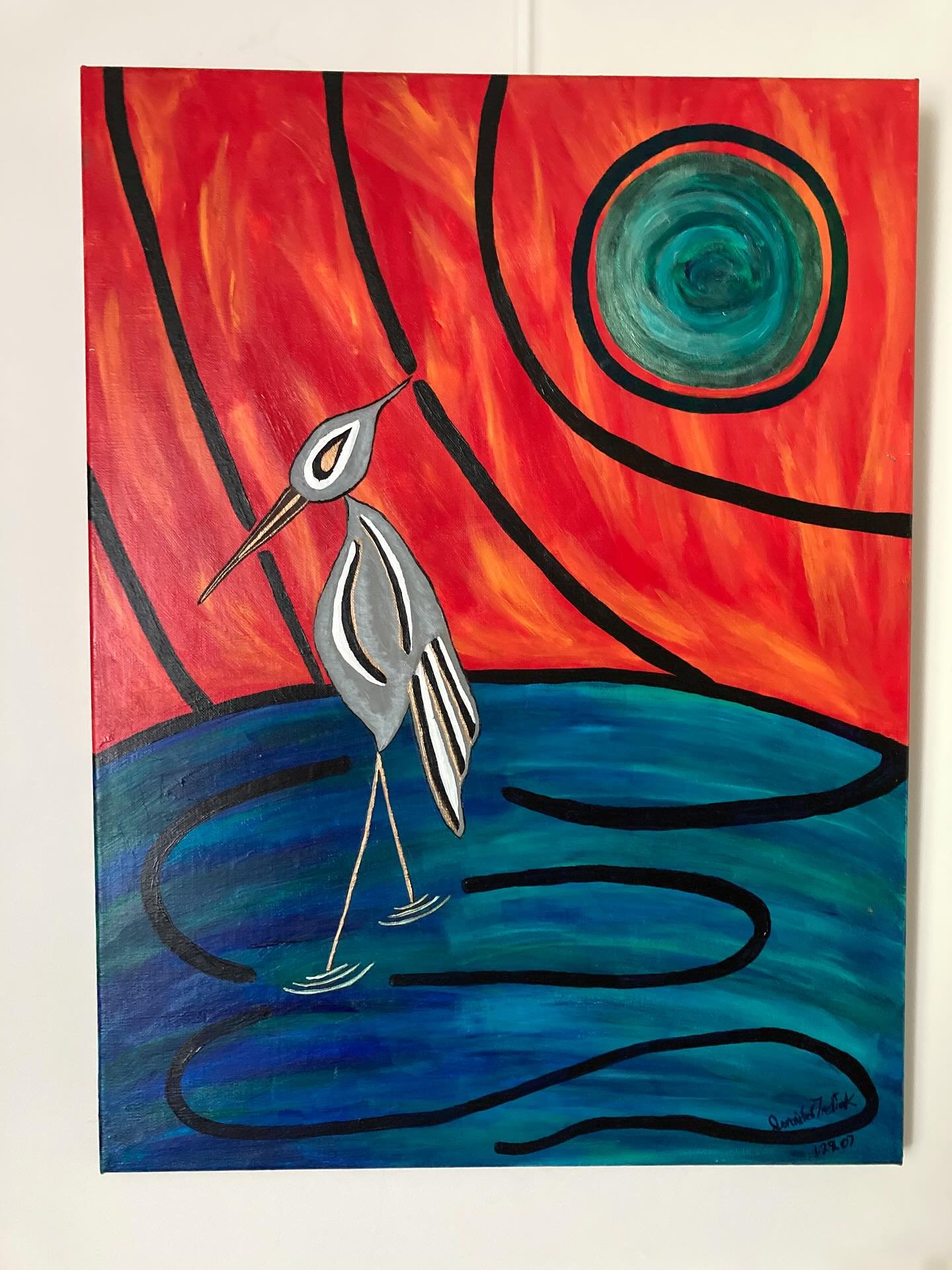 Story Time:

This is one of my earliest paintings from a time when I was painting just for me and for family. 

I was working in acrylics and decided to paint what I know, which is nature. You can see I have loosely mimicked the Woodland style of pai