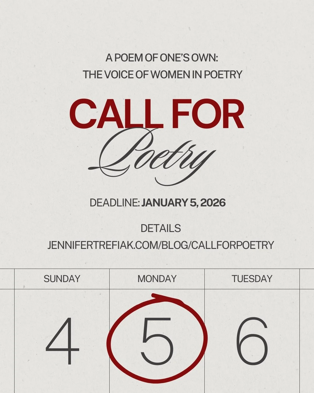 📣CALL FOR POETRY SUBMISSIONS!

I have been asked to curate a poetry table for Poetchry and the table is A Poem of One's Own: The Voice of Women in Poetry. 

My own poem was published on this table for the 2025 unveiling and it was such a great perso