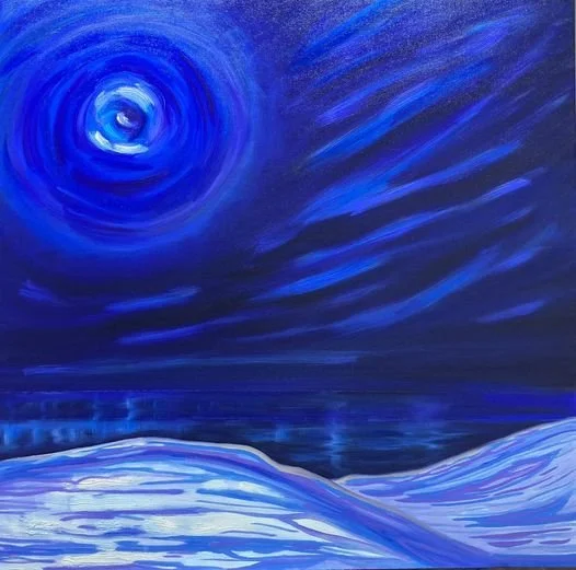 Oil painting of a full moon over water and snowy hills