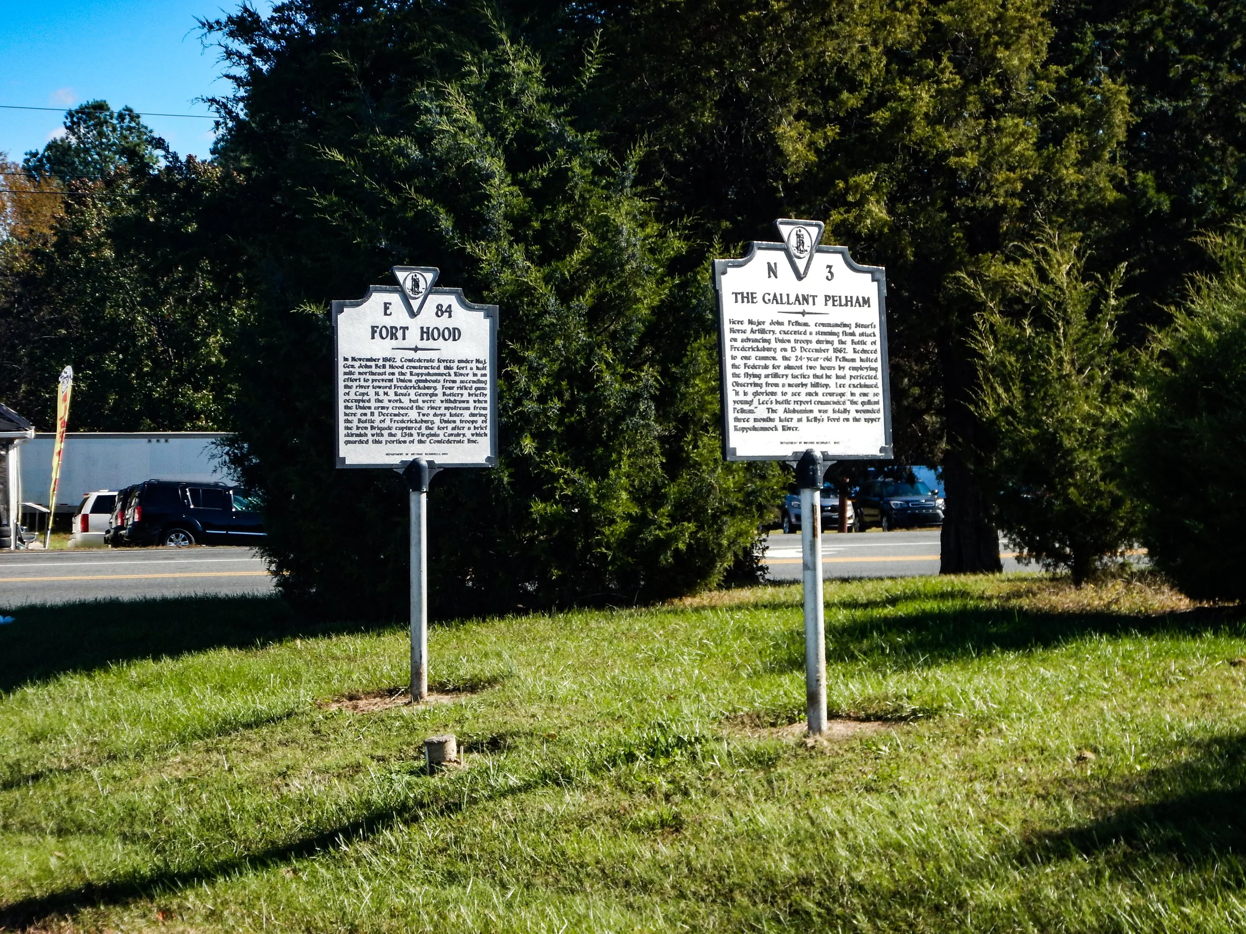Historical markers comemerating Fort Hood and John Pelham