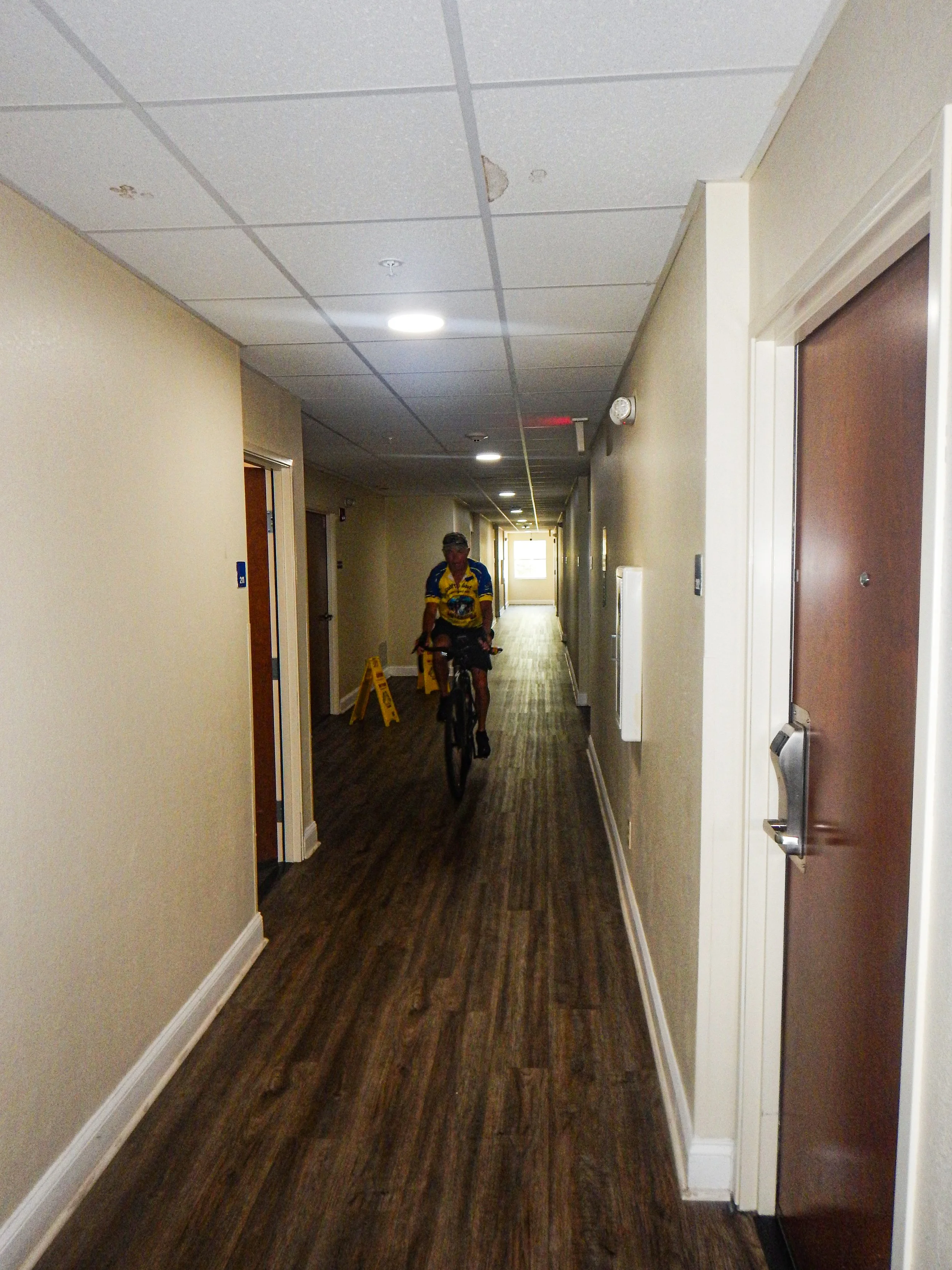 Cycling in hotel hallway