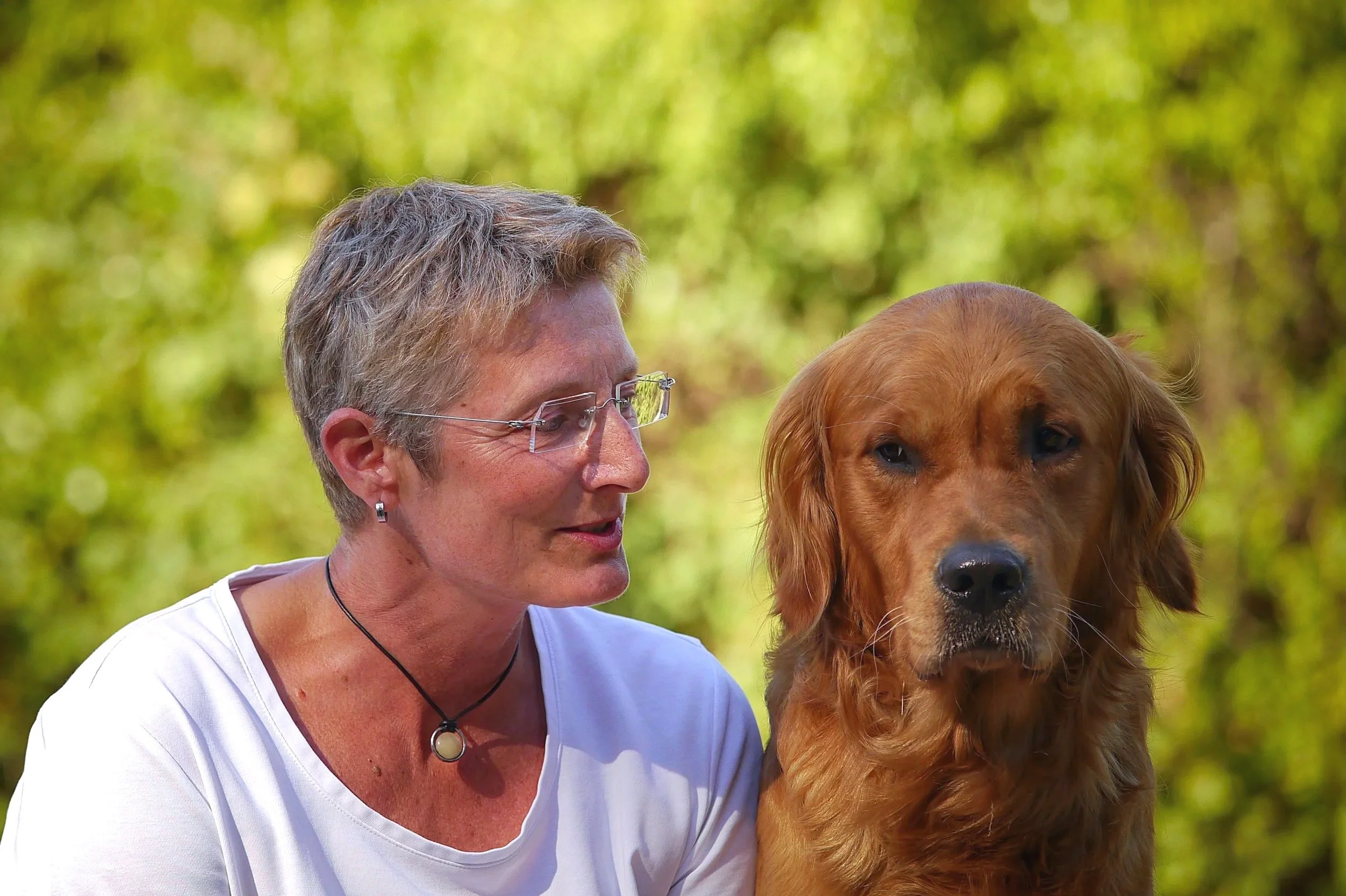 Hundetrainerin sitzt ruhig neben einem Hund und schaut ihn aufmerksam an – individuelle Begleitung im Einzeltraining.