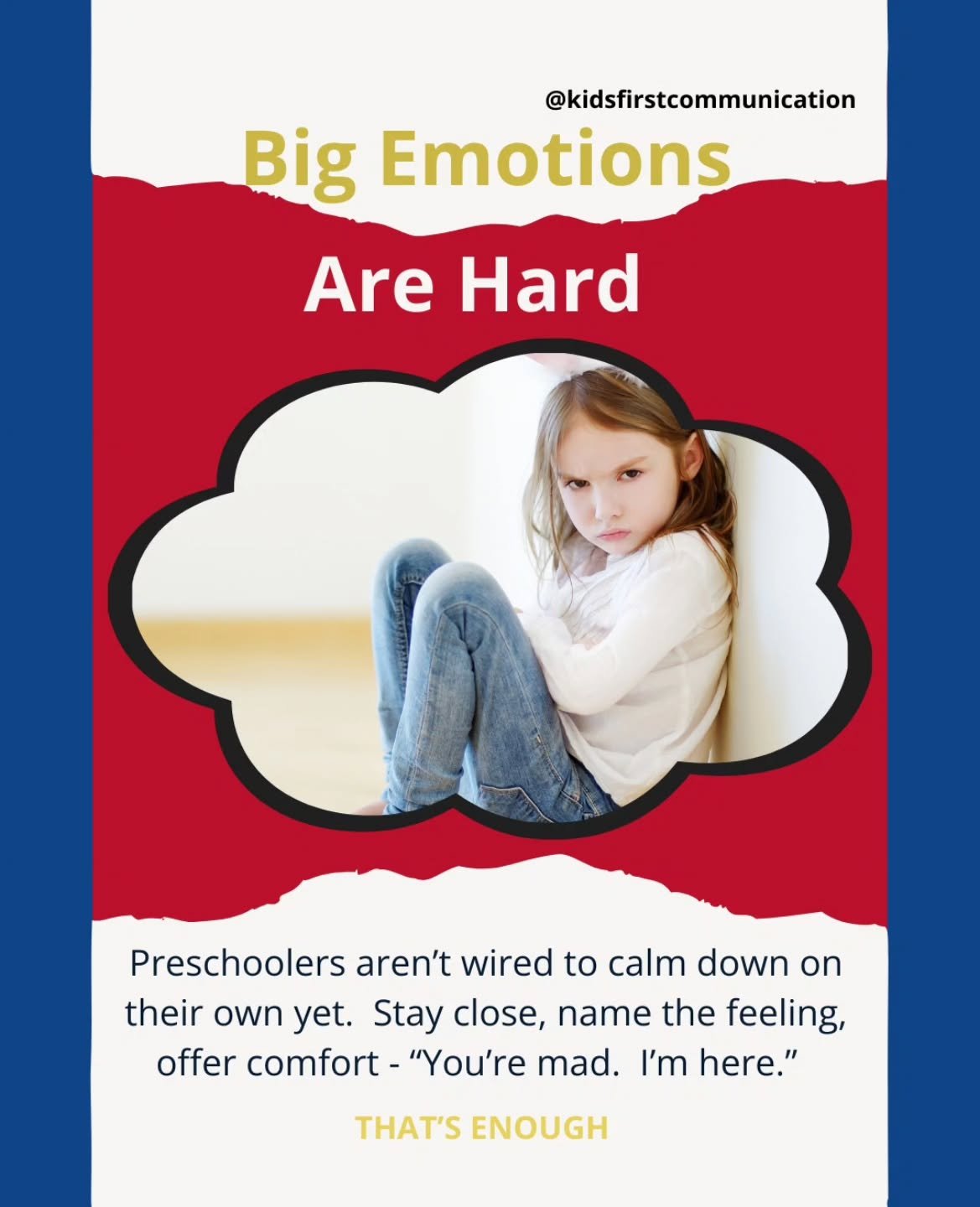It's true - big emotions can feel HUGE and even scary for preschool age kids. 

They don't always have the skills to calm down on their own yet - that's where we come in! 

When we stay close, name their feelings, and offer comfort, we show them they