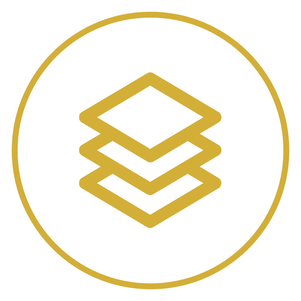 A gold geometric layered diamond shape logo enclosed in a gold circle on a black background.