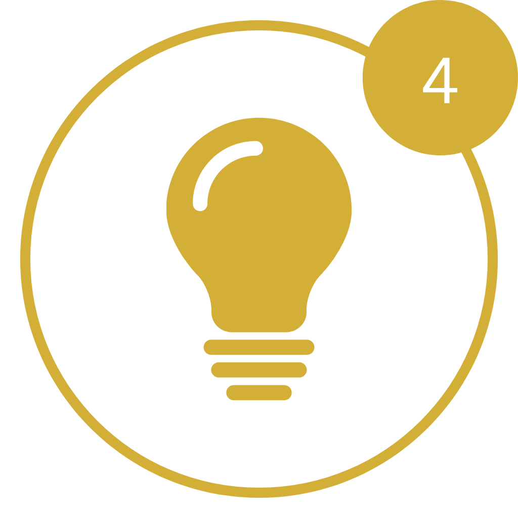 Illustration of a light bulb with a number 4 in a circle, all in gold color on a black background.