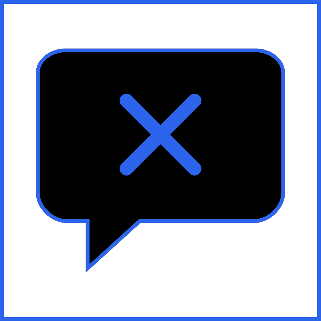 Blue neon speech bubble with a cross symbol inside on a black background.