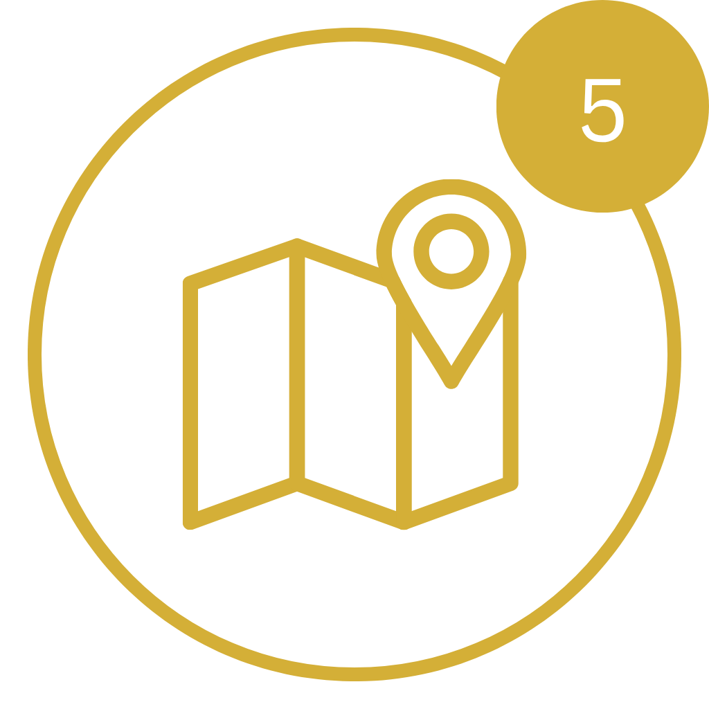 Gold line art map icon with a location pin and a notification badge displaying the number 5.