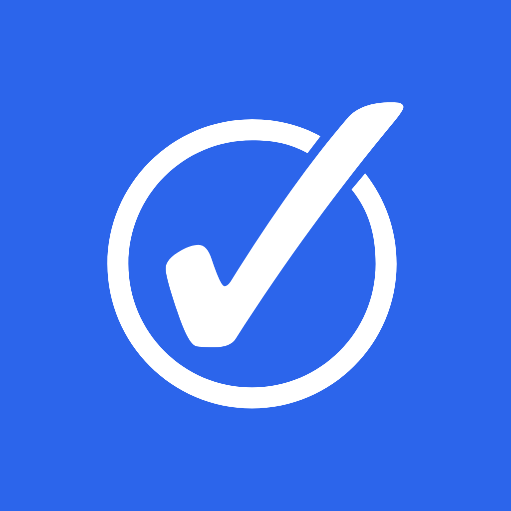A white checkmark inside a white circle on a blue background.