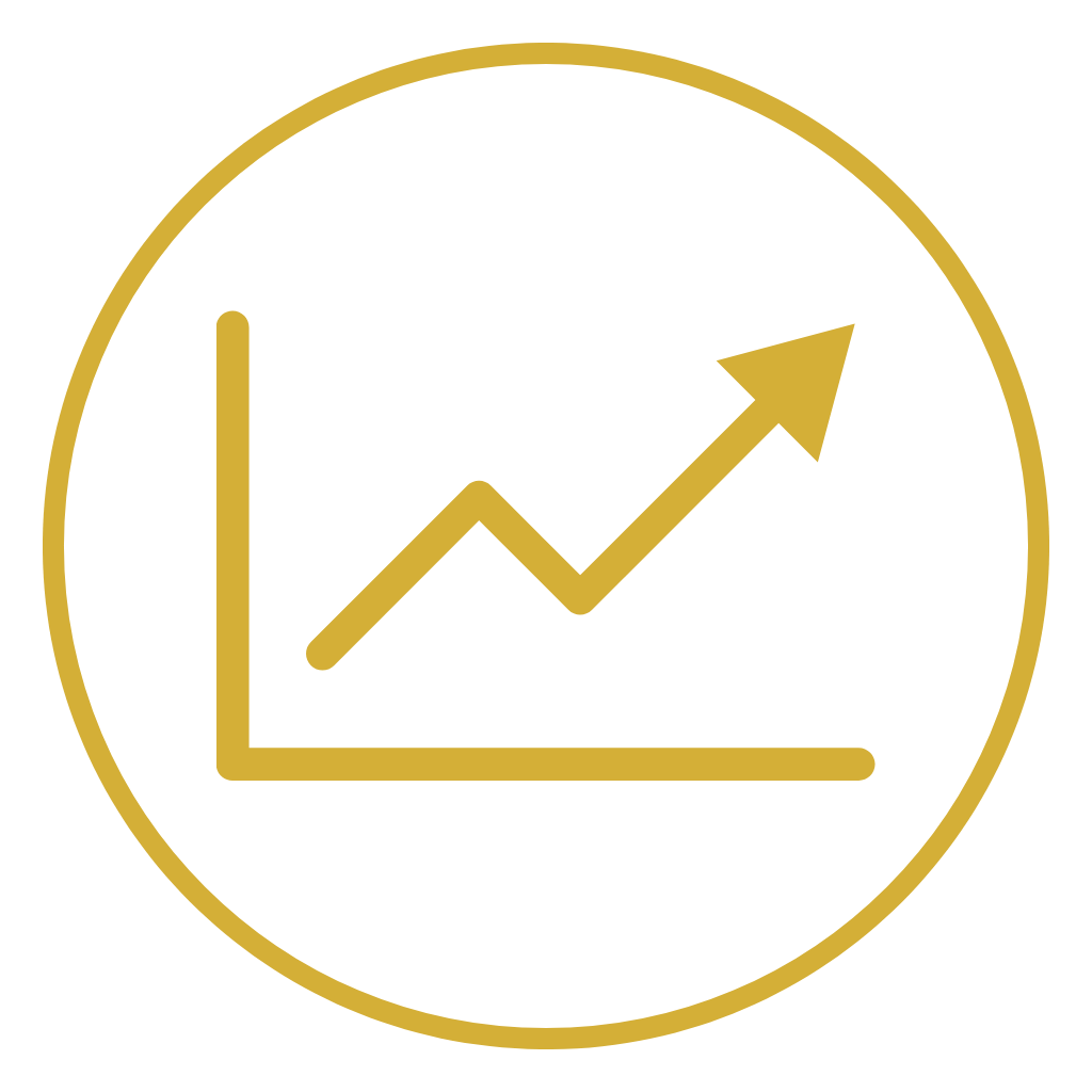 Gold-colored line graph with an upward trending arrow inside a circular border.