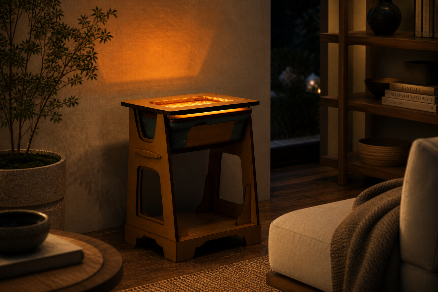 A night lamp emitting warm light on a wooden stand in a cozy living room with a potted plant, a bookshelf, and a beige armchair.