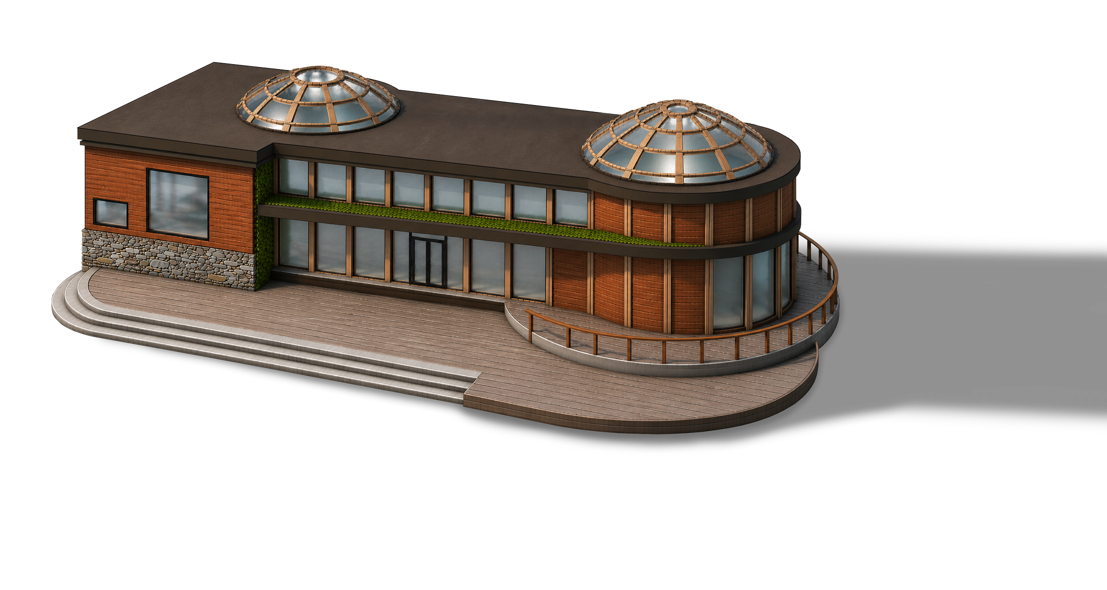 A modern house with wooden exterior, large windows, a stone foundation, and a curved deck with stairs.