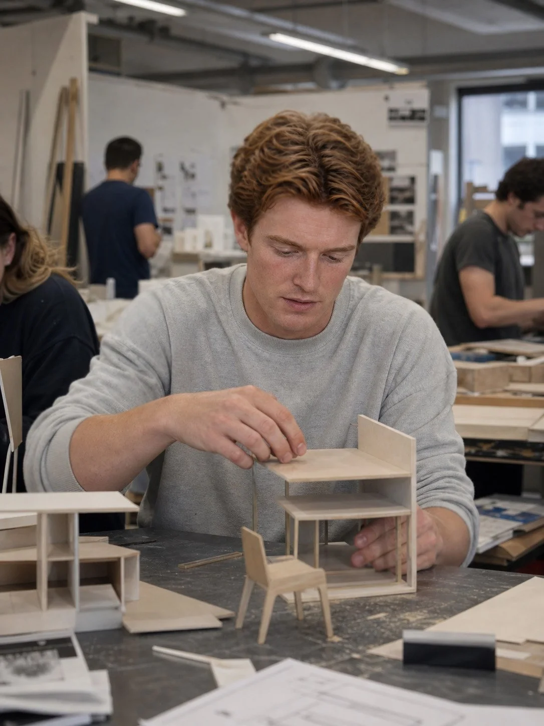 A young man with red hair in a gray sweatshirt working on a small architectural model made of wood in a workshop, with other people working at tables in the background.