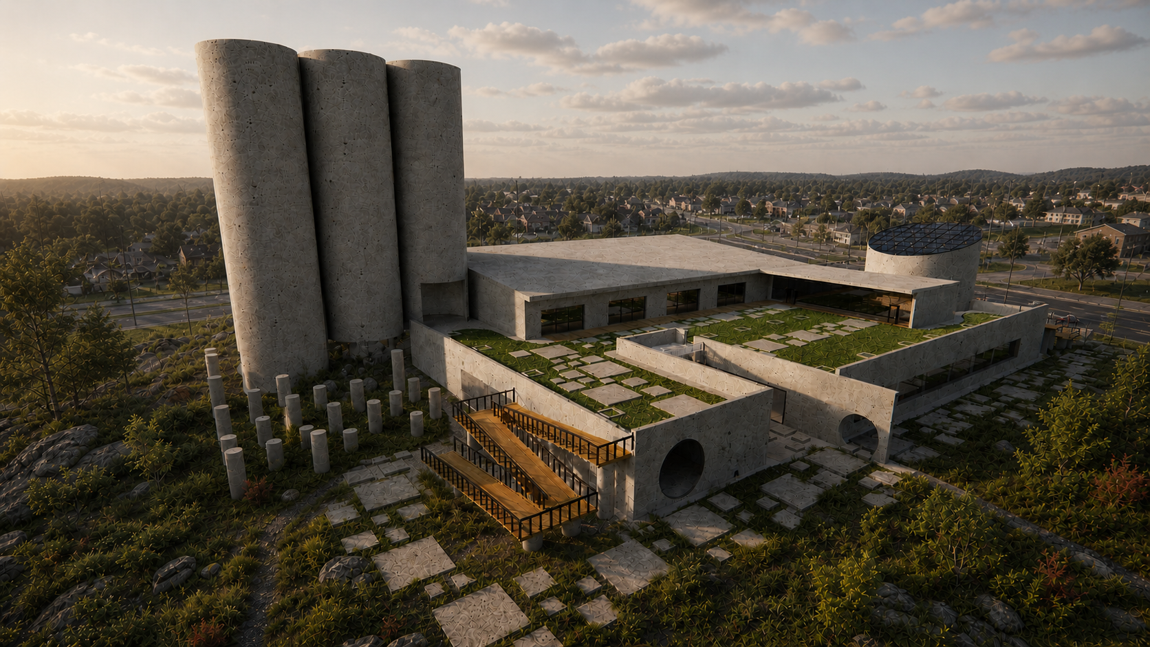 A modern building with cylindrical and rectangular concrete structures, green rooftop gardens, and a wooden balcony surrounded by lush landscaping, with a suburban neighborhood and a sunset in the background.