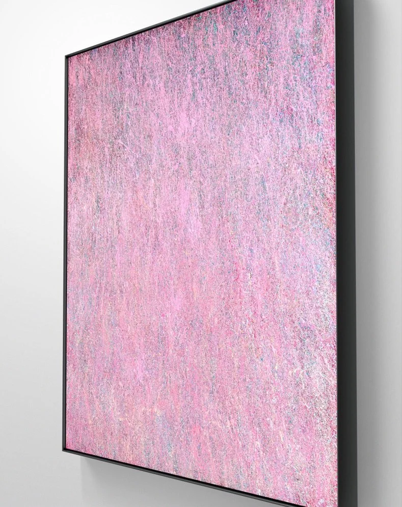 Detail of the pink sculptural surface by Kira Somerset, highlighting the complex, raw, mixed media texture and shimmering effect.
