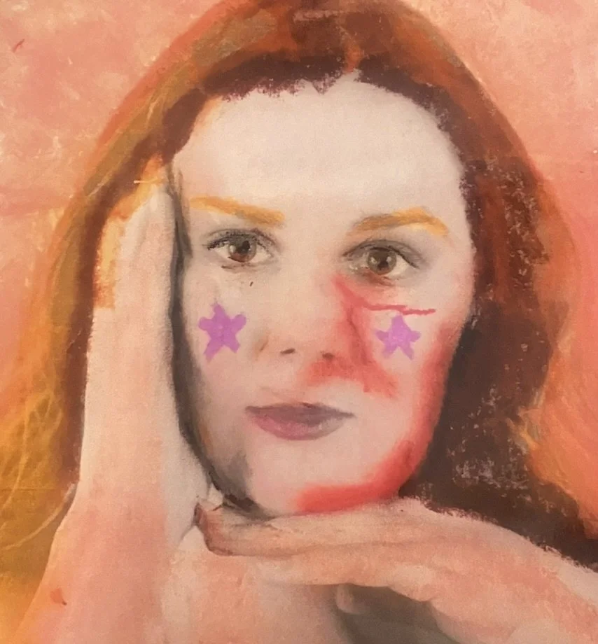 Tint by Kira Somerset, 100x100 cm mixed media painting on canvas. A large-scale, zoomed-in figurative portrait from the artist’s series, featuring layered textures and expressive brushwork exploring identity and emotion.