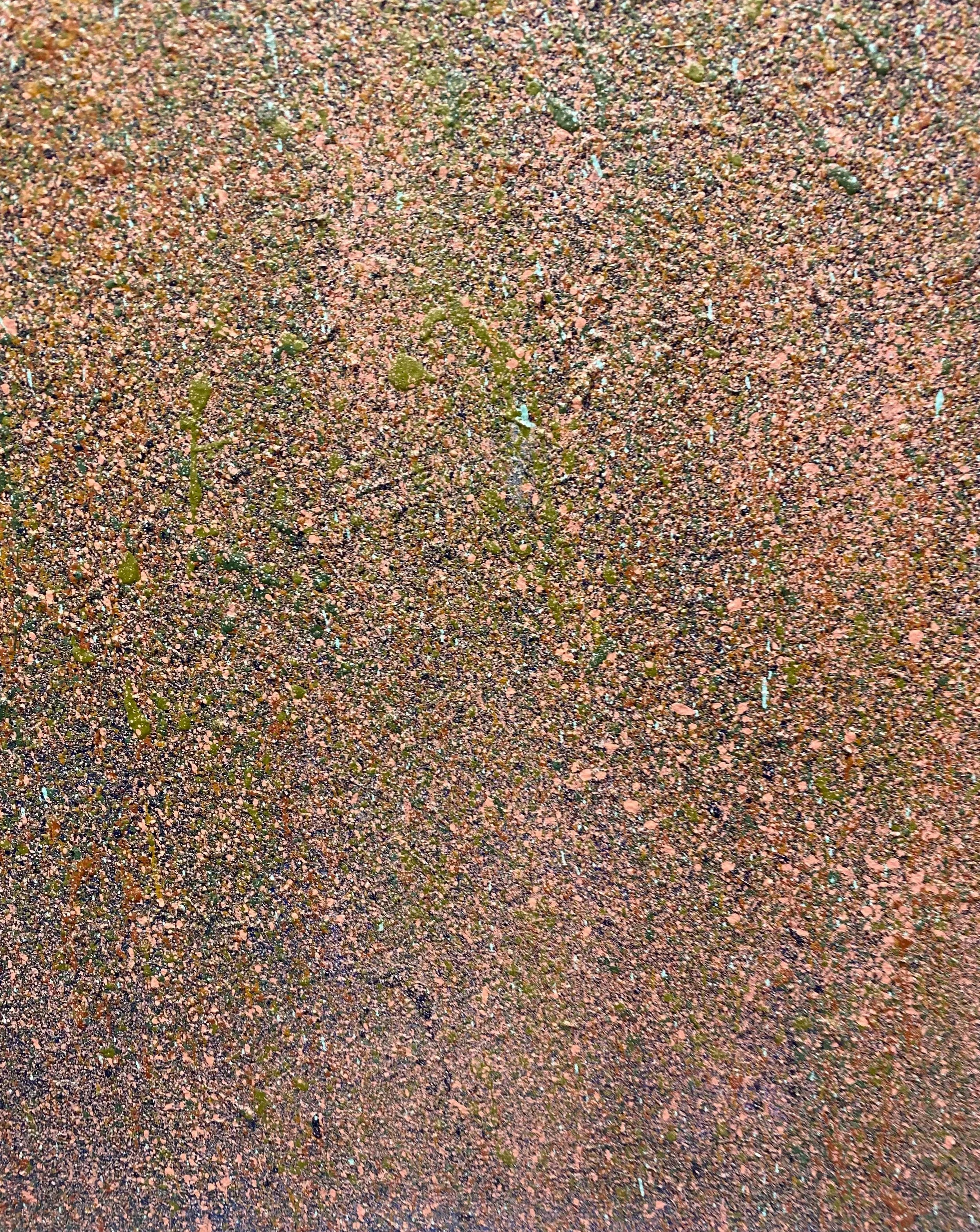 "Close-up detail of Rusty by Kira Somerset, showing complex layers of paint, threadwork, and textured surface in earthy colors."