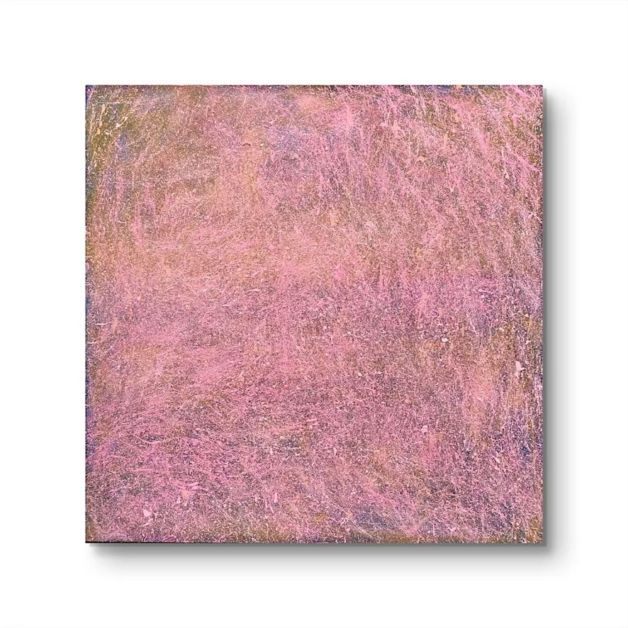 “Spontaneity” by Kira Somerset, a 100 x 100 cm mixed media painting on canvas. Bold, graphic shapes in vibrant pink tones explore the tension between control and chaos, with layered textures and gestural marks.