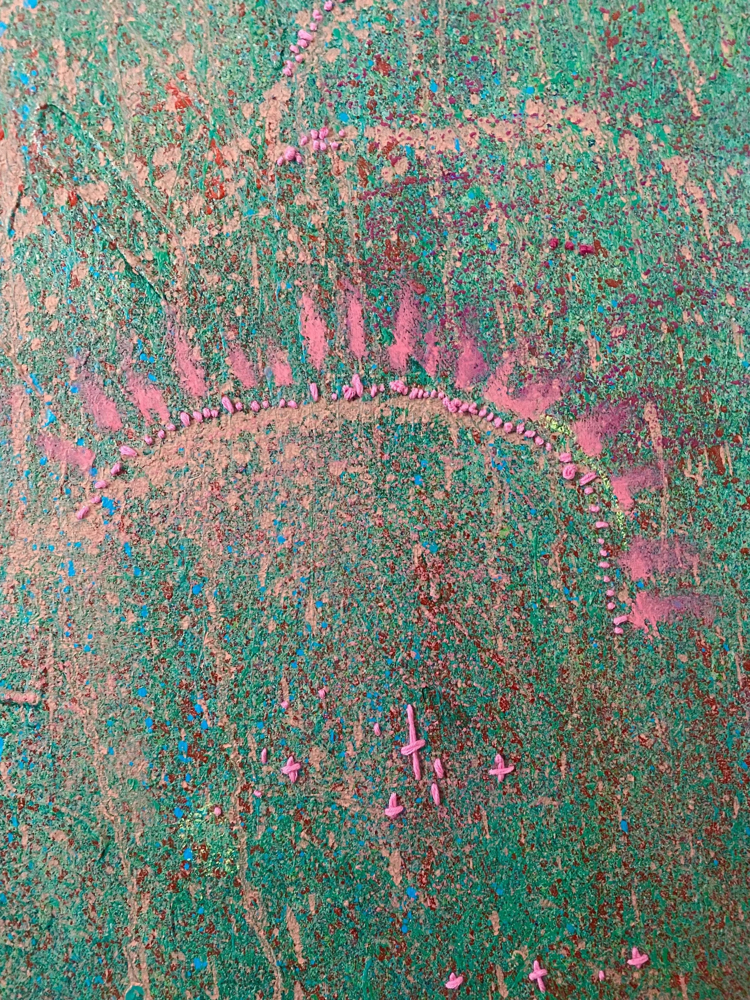 Close-up of hand-sewn threadwork in ‘Crossing’ by Kira Somerset, highlighting labor-intensive stitching that binds the layered composition.