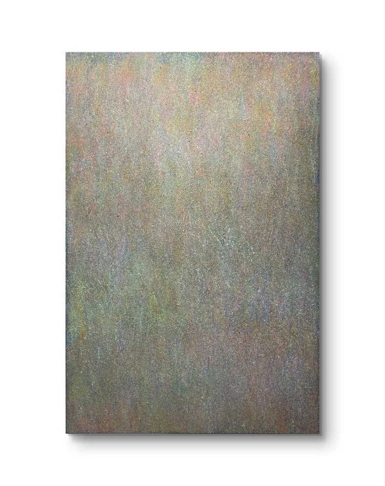 Mixed media painting on canvas (150cm by 100cm) by Kira Somerset, featuring layered textures, brushstrokes, and sewn threads that explore themes of femininity, emotional labor, and quiet resistance through a tension between chaos and control.