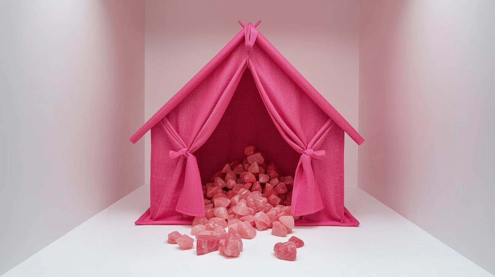 Photo of Kira Somerset's 2025 sculptural installation, 'Sublime Womanhood,' showing a pink fabric dollhouse tent filled with cast acrylic doll parts, suggesting a broken notion of feminine safety.