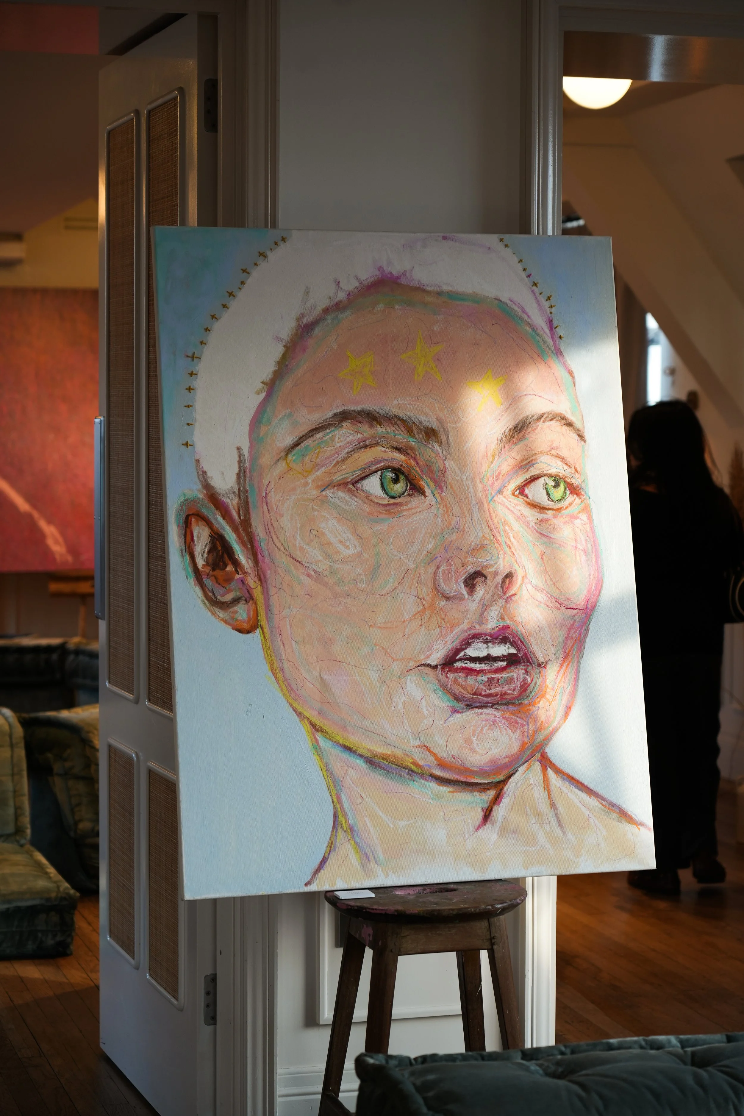 Gallery view of PLEASE! I'M A STAR! by Kira Somerset on display, mixed media on canvas, 2025.