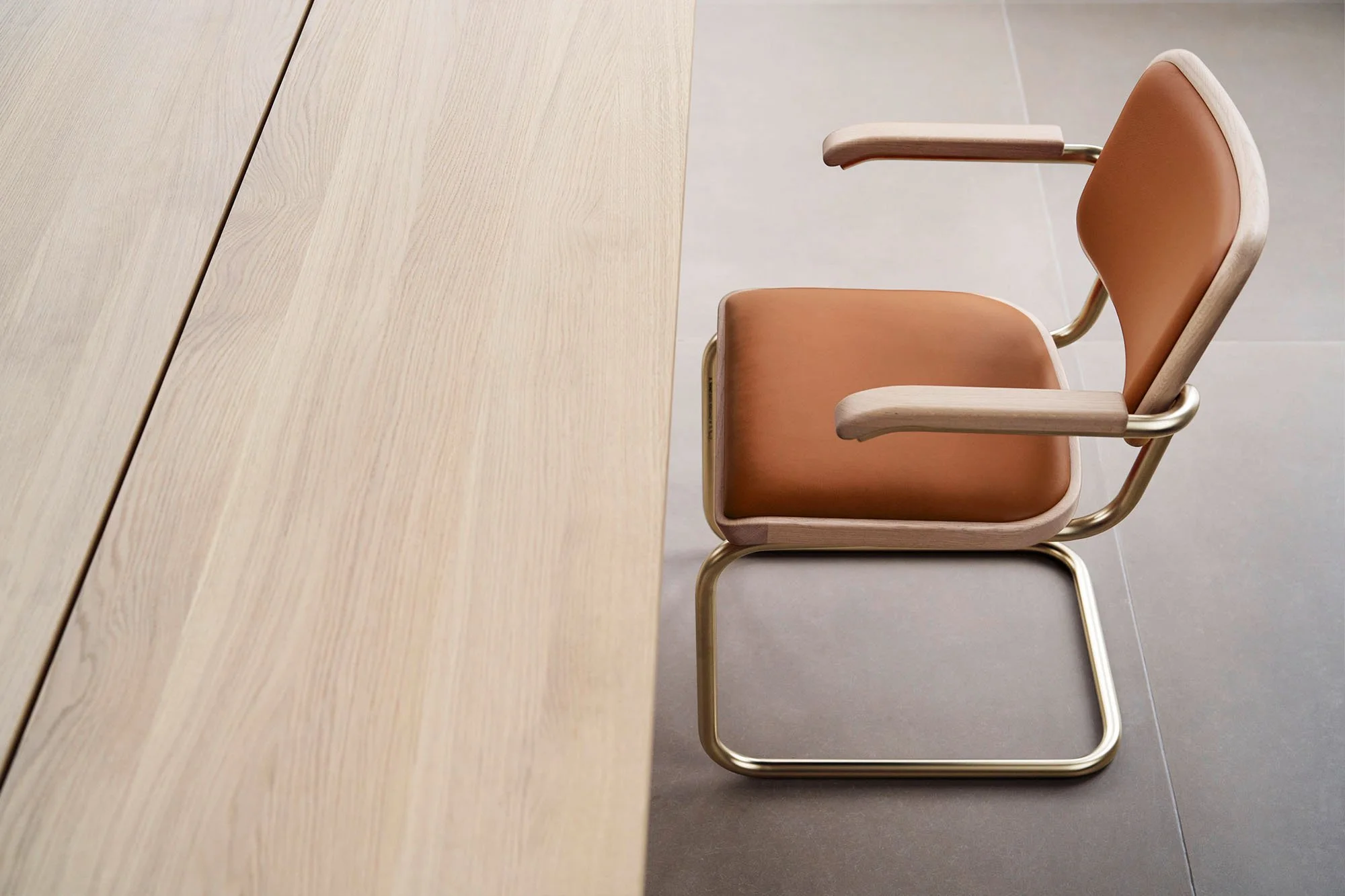Light timber, leather and metal in Jil Sander’s NORDIC treatment for JS . THONET.
