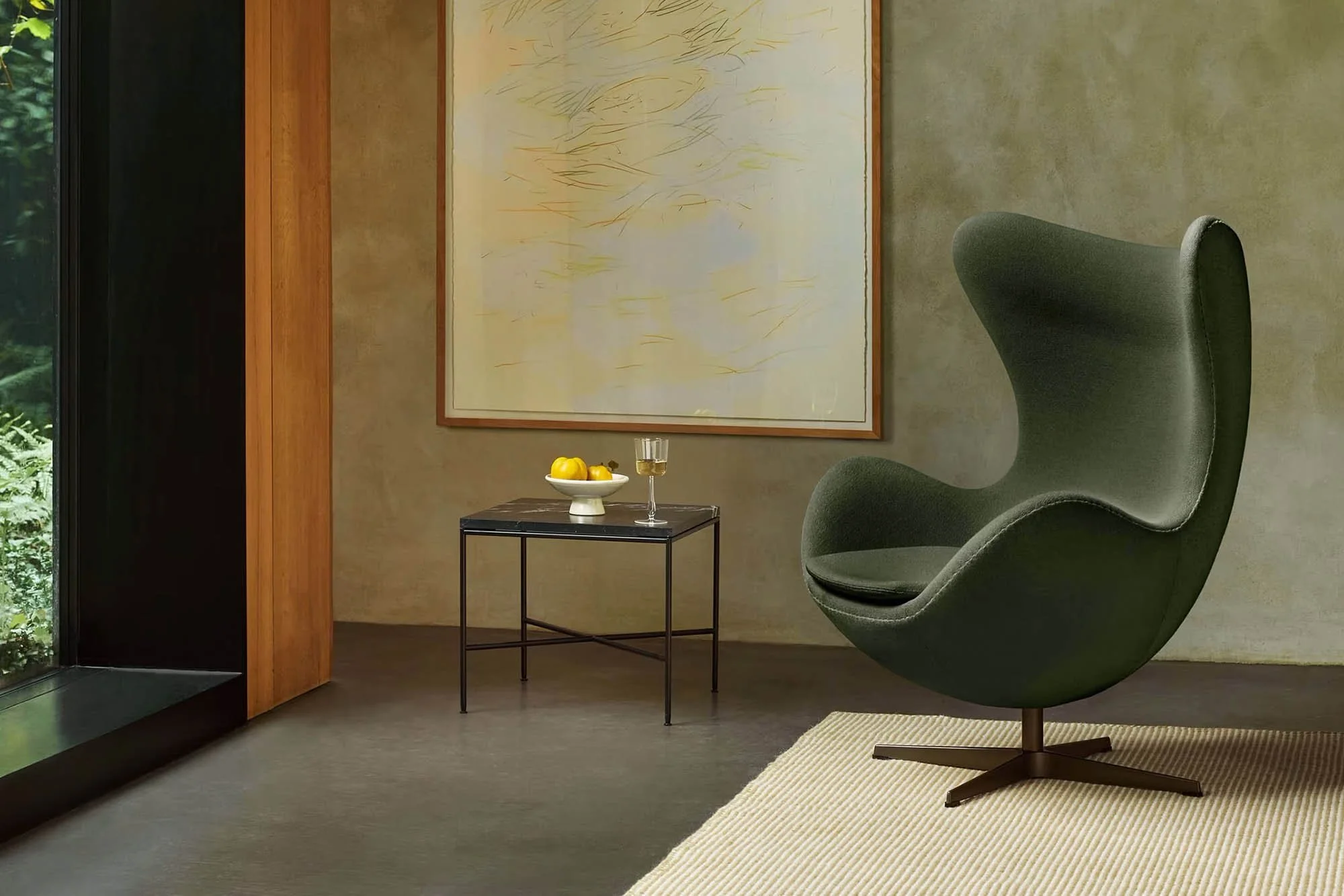 Egg Chair by Arne Jacobsen in premium fabric upholstery with sculptural high-back design and swivel base, iconic Danish modern lounge chair for stylish interiors.