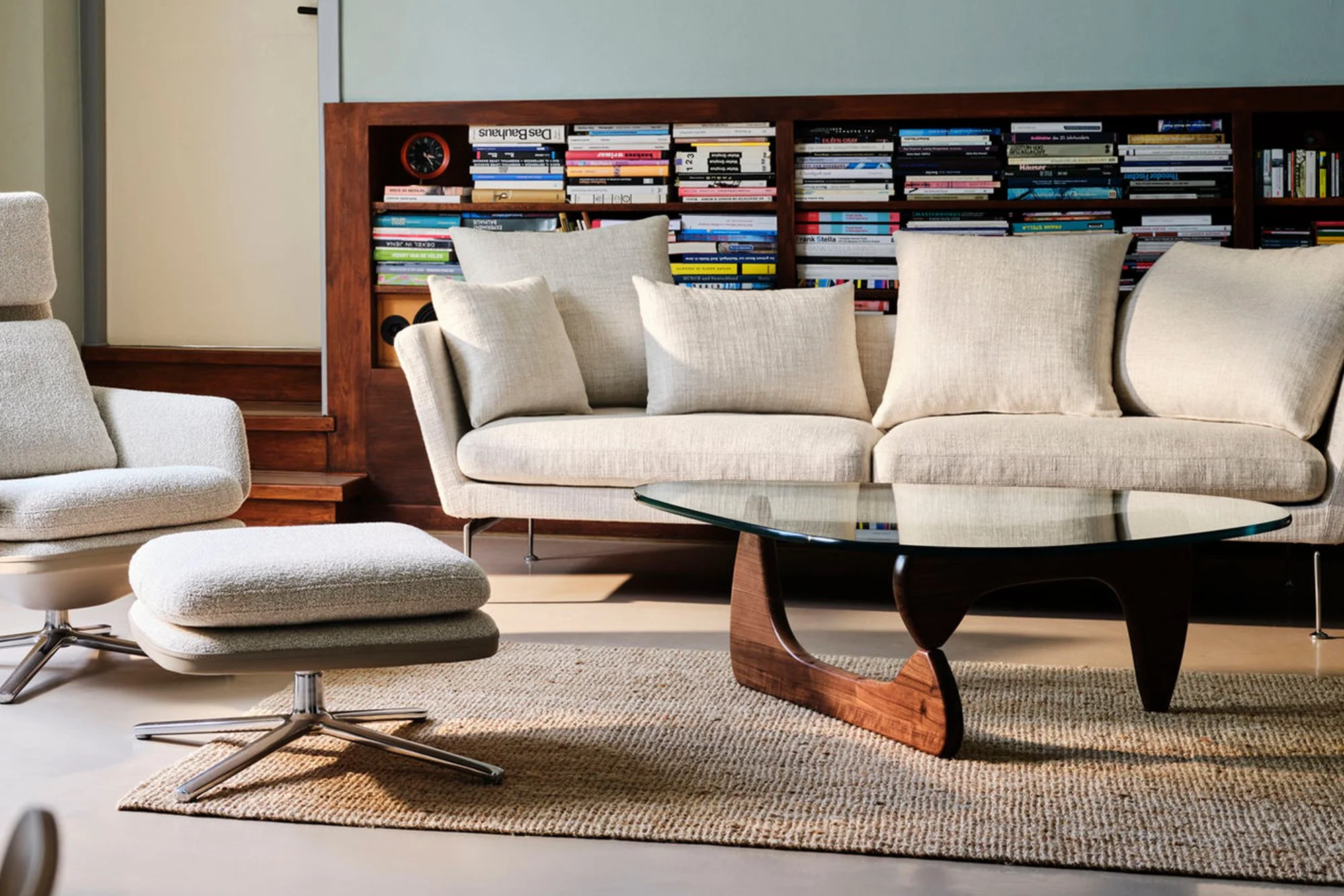 Vitra Coffee Table by Isamu Noguchi (1944), sculptural wooden base in walnut, ash, or maple, with 19mm thick glass top, iconic mid-century modern design for living room interiors.