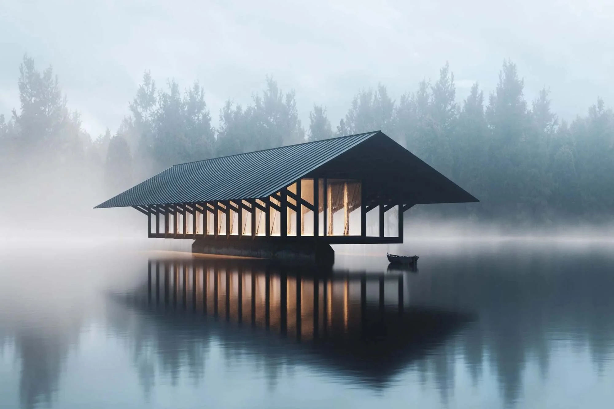 Exposed timber structure of the Crystal Lake Pavilion by Marc Thorpe Design, showing the King Post system and steel connections supporting the lakeside pavilion.